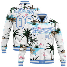 Load image into Gallery viewer, Custom White White-Light Blue Hawaii Palm Trees And Flamingo 3D Bomber Full-Snap Varsity Letterman Jacket
