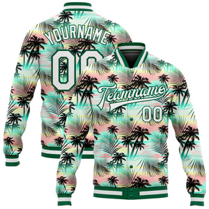 Custom White White-Kelly Green Hawaii Palm Trees 3D Bomber Full-Snap Varsity Letterman Jacket