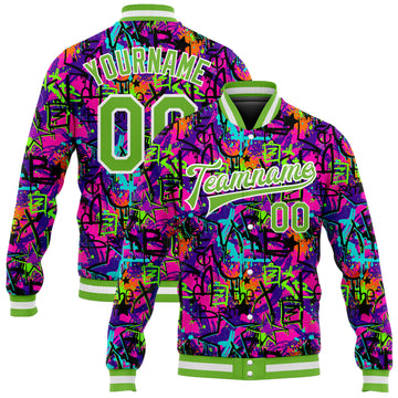 Custom Graffiti Pattern Neon Green-White 3D Bomber Full-Snap Varsity Letterman Jacket