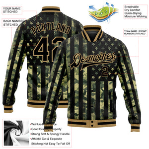 Custom Camo Black-Old Gold American Flag Fashion 3D Bomber Full-Snap Varsity Letterman Salute To Service Jacket