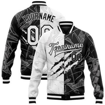 Custom Graffiti Pattern White-Black Scratch 3D Bomber Full-Snap Varsity Letterman Jacket