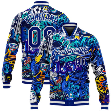 Custom Graffiti Pattern Royal-White Abstract Urban Street Art 3D Bomber Full-Snap Varsity Letterman Jacket