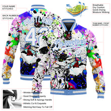 Load image into Gallery viewer, Custom Graffiti Pattern White-Light Blue Splashes 3D Bomber Full-Snap Varsity Letterman Jacket
