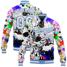 Load image into Gallery viewer, Custom Graffiti Pattern White-Light Blue Splashes 3D Bomber Full-Snap Varsity Letterman Jacket
