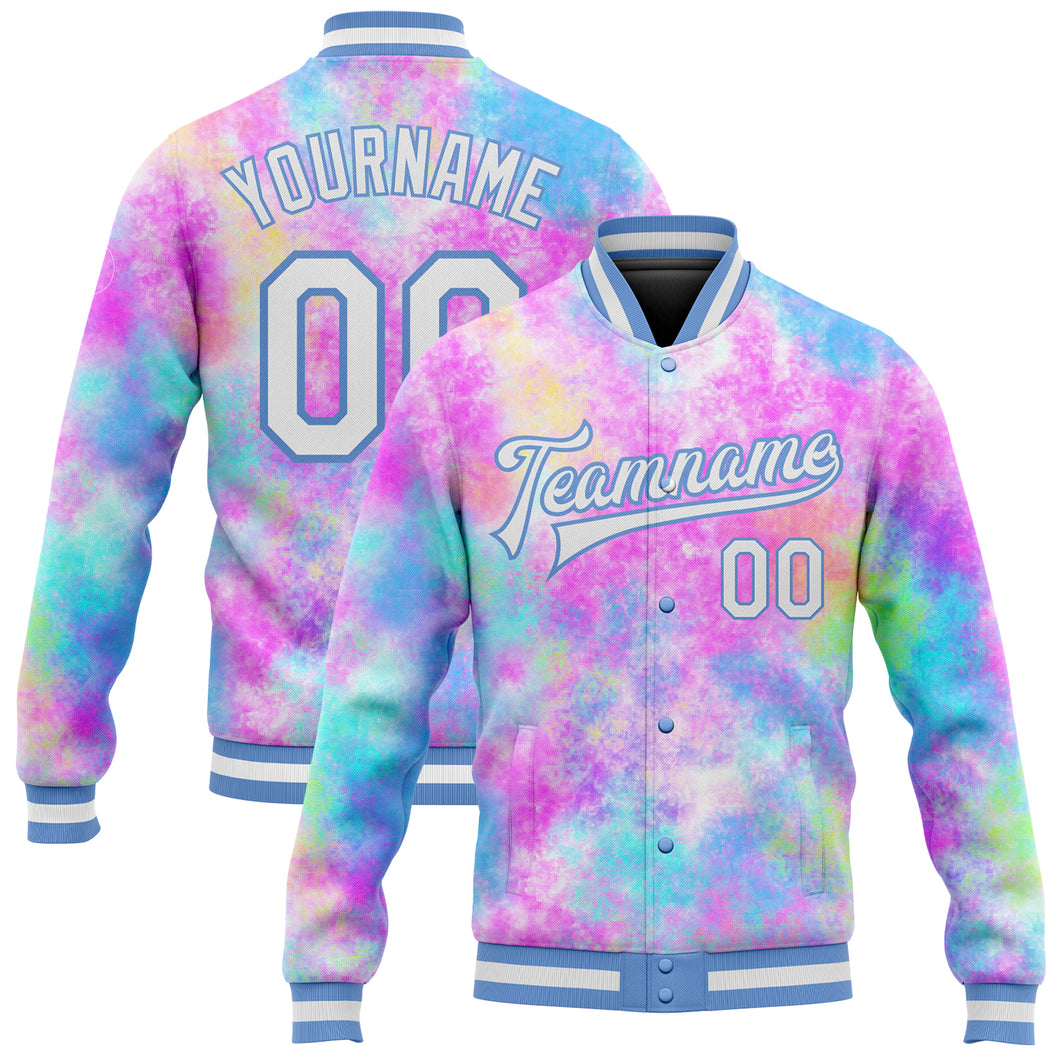 Custom Tie Dye White-Light Blue Rainbow 3D Bomber Full-Snap Varsity Letterman Jacket