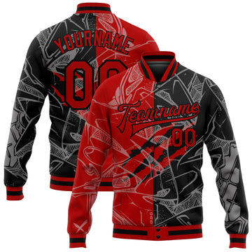 Custom Graffiti Pattern Red-Black Scratch 3D Bomber Full-Snap Varsity Letterman Jacket