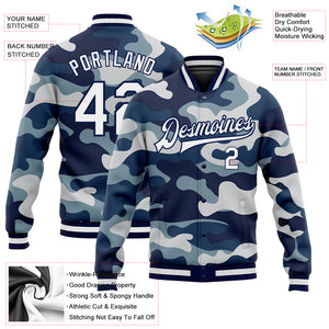 Custom Camo White-Navy 3D Bomber Full-Snap Varsity Letterman Salute To Service Jacket