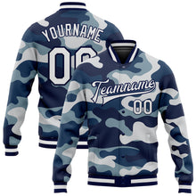 Load image into Gallery viewer, Custom Camo White-Navy 3D Bomber Full-Snap Varsity Letterman Salute To Service Jacket
