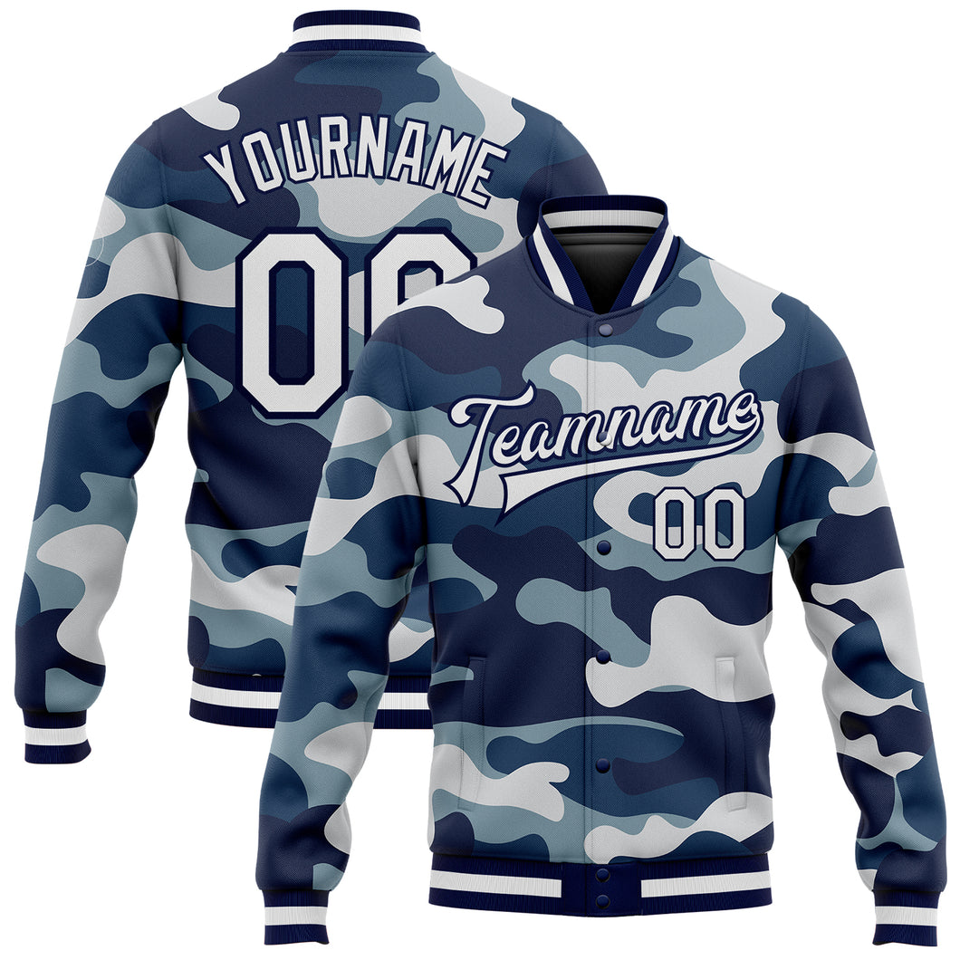 Custom Camo White-Navy 3D Bomber Full-Snap Varsity Letterman Salute To Service Jacket