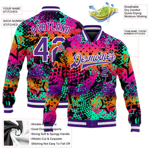 Custom Graffiti Pattern Purple-White Scratch 3D Bomber Full-Snap Varsity Letterman Jacket