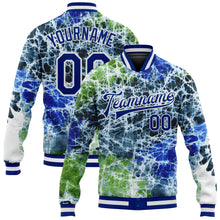 Load image into Gallery viewer, Custom Tie Dye Royal-White Rainbow 3D Bomber Full-Snap Varsity Letterman Jacket
