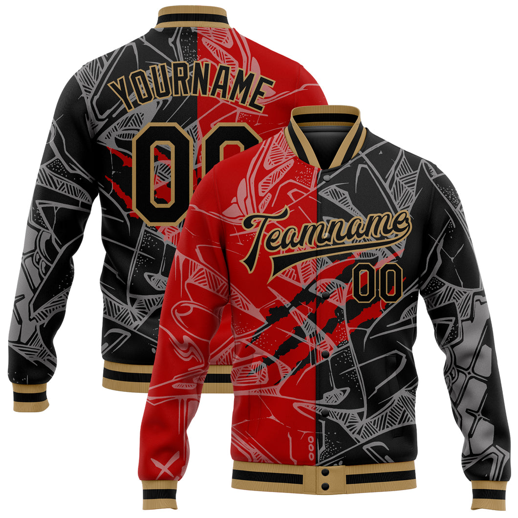 Custom Graffiti Pattern Black Red-Old Gold 3D Bomber Full-Snap Varsity Letterman Jacket