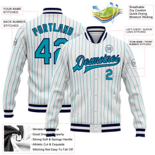 Load image into Gallery viewer, Custom White Teal Pinstripe Teal-Navy Bomber Full-Snap Varsity Letterman Jacket
