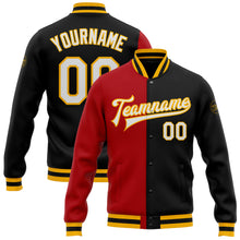 Load image into Gallery viewer, Custom Black White Red-Gold Bomber Full-Snap Varsity Letterman Split Fashion Jacket
