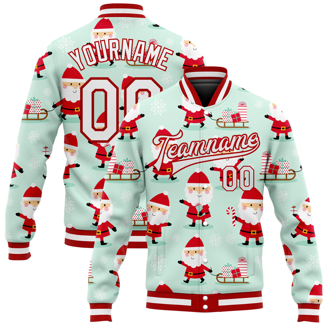 Custom Pea Green White-Red Christmas 3D Bomber Full-Snap Varsity Letterman Jacket