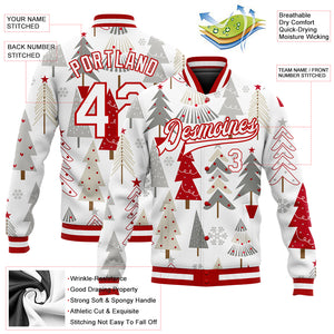 Custom White White Red-Gray Christmas 3D Bomber Full-Snap Varsity Letterman Jacket