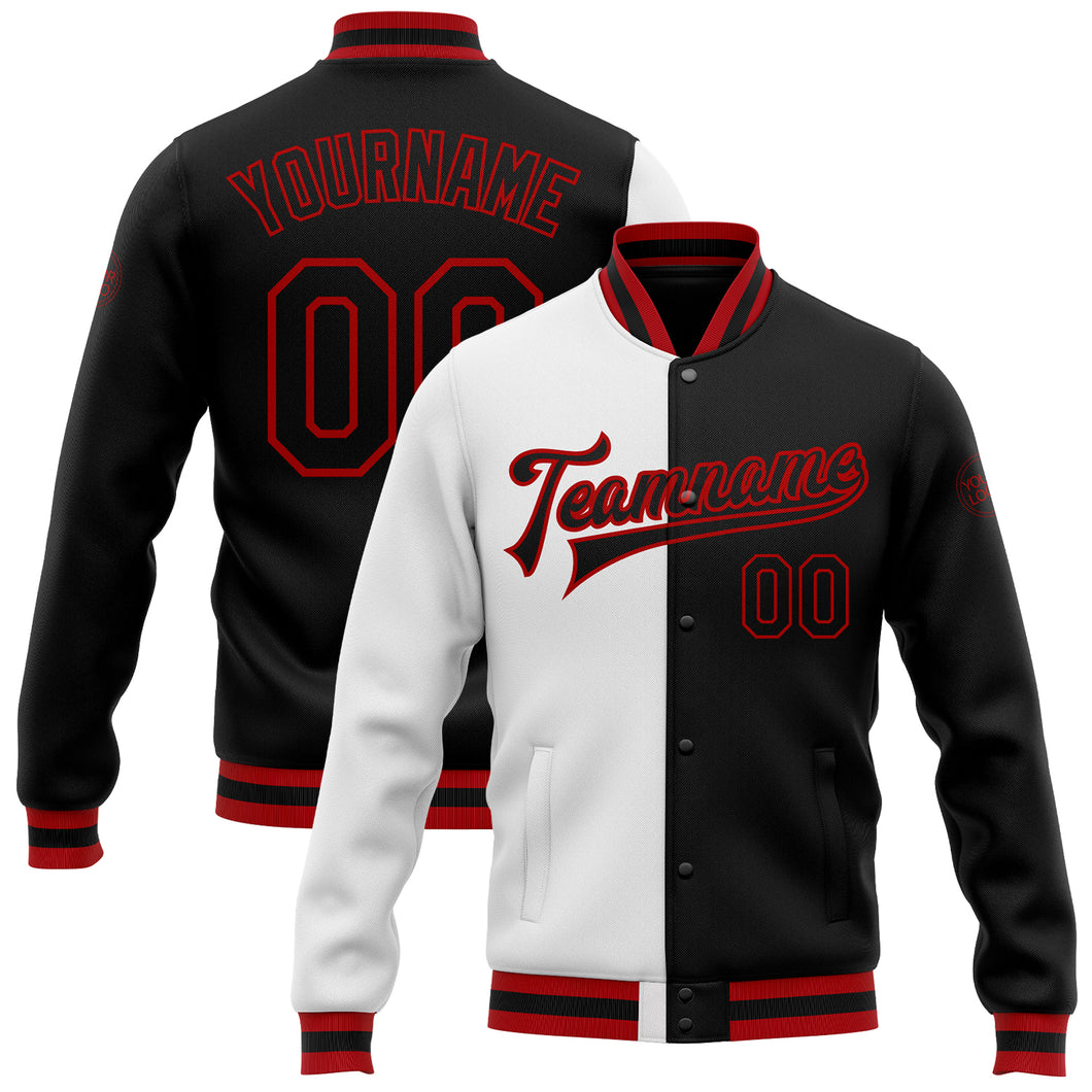 Custom White Black-Red Bomber Full-Snap Varsity Letterman Split Fashion Jacket