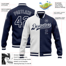 Load image into Gallery viewer, Custom White Navy Bomber Full-Snap Varsity Letterman Split Fashion Jacket
