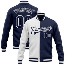 Load image into Gallery viewer, Custom White Navy Bomber Full-Snap Varsity Letterman Split Fashion Jacket
