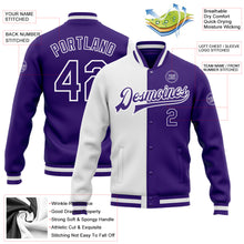 Load image into Gallery viewer, Custom White Purple Bomber Full-Snap Varsity Letterman Split Fashion Jacket
