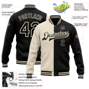 Custom Cream Black Bomber Full-Snap Varsity Letterman Split Fashion Jacket