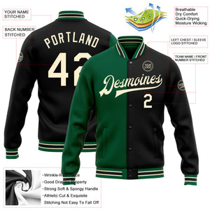 Custom Black Cream-Kelly Green Bomber Full-Snap Varsity Letterman Split Fashion Jacket