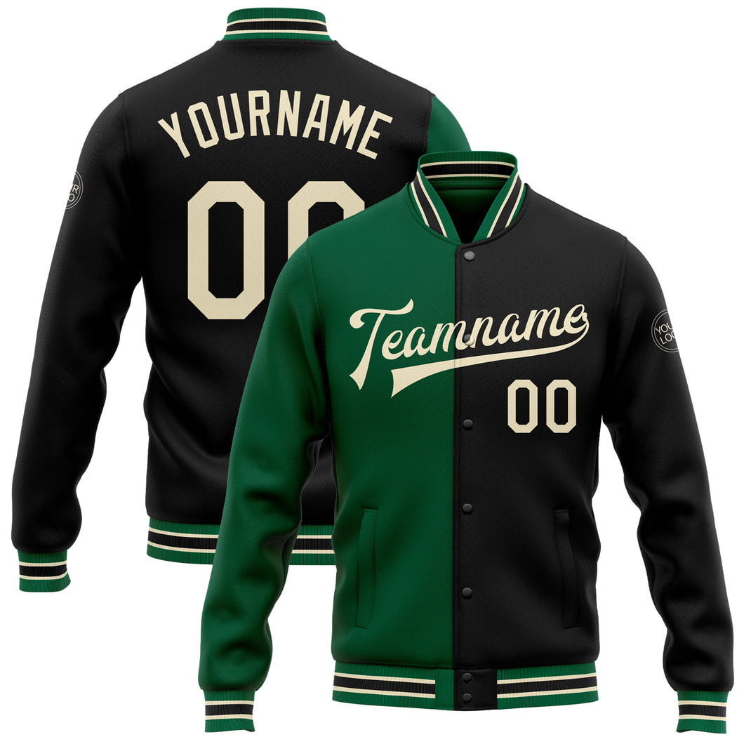 Custom Black Cream-Kelly Green Bomber Full-Snap Varsity Letterman Split Fashion Jacket