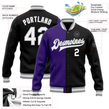 Load image into Gallery viewer, Custom Black White Purple-Gray Bomber Full-Snap Varsity Letterman Split Fashion Jacket
