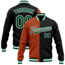 Load image into Gallery viewer, Custom Black Kelly Green-Texas Orange Bomber Full-Snap Varsity Letterman Split Fashion Jacket
