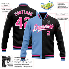 Load image into Gallery viewer, Custom Black Pink-Light Blue Bomber Full-Snap Varsity Letterman Split Fashion Jacket
