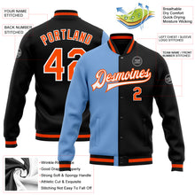 Load image into Gallery viewer, Custom Black Orange-Light Blue Bomber Full-Snap Varsity Letterman Split Fashion Jacket
