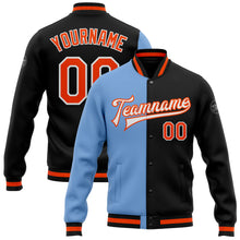 Load image into Gallery viewer, Custom Black Orange-Light Blue Bomber Full-Snap Varsity Letterman Split Fashion Jacket
