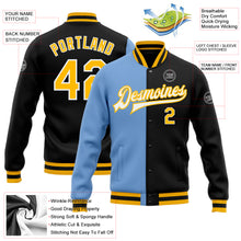 Load image into Gallery viewer, Custom Black Gold-Light Blue Bomber Full-Snap Varsity Letterman Split Fashion Jacket
