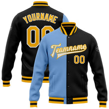 Load image into Gallery viewer, Custom Black Gold-Light Blue Bomber Full-Snap Varsity Letterman Split Fashion Jacket
