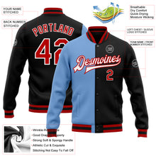 Load image into Gallery viewer, Custom Black Red-Light Blue Bomber Full-Snap Varsity Letterman Split Fashion Jacket
