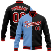 Load image into Gallery viewer, Custom Black Red-Light Blue Bomber Full-Snap Varsity Letterman Split Fashion Jacket
