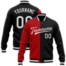 Load image into Gallery viewer, Custom Black White-Red Bomber Full-Snap Varsity Letterman Split Fashion Jacket
