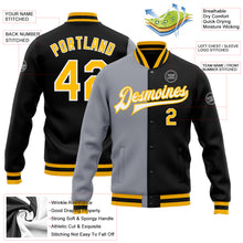 Load image into Gallery viewer, Custom Black Gold-Gray Bomber Full-Snap Varsity Letterman Split Fashion Jacket
