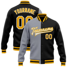 Load image into Gallery viewer, Custom Black Gold-Gray Bomber Full-Snap Varsity Letterman Split Fashion Jacket
