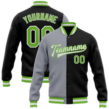 Load image into Gallery viewer, Custom Black Neon Green-Gray Bomber Full-Snap Varsity Letterman Split Fashion Jacket
