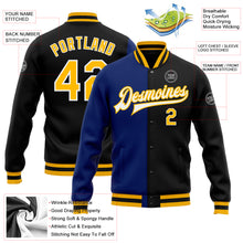 Load image into Gallery viewer, Custom Black Gold-Royal Bomber Full-Snap Varsity Letterman Split Fashion Jacket
