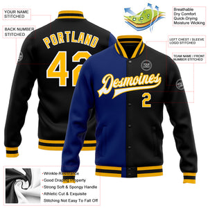 Custom Black Gold-Royal Bomber Full-Snap Varsity Letterman Split Fashion Jacket