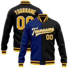 Load image into Gallery viewer, Custom Black Gold-Royal Bomber Full-Snap Varsity Letterman Split Fashion Jacket
