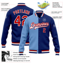 Load image into Gallery viewer, Custom Royal Red-Light Blue Bomber Full-Snap Varsity Letterman Split Fashion Jacket
