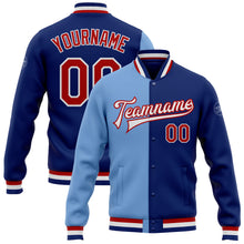 Load image into Gallery viewer, Custom Royal Red-Light Blue Bomber Full-Snap Varsity Letterman Split Fashion Jacket
