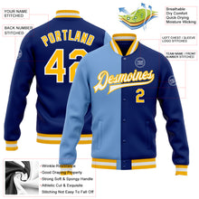 Load image into Gallery viewer, Custom Royal Gold-Light Blue Bomber Full-Snap Varsity Letterman Split Fashion Jacket
