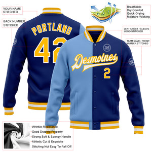 Custom Royal Gold-Light Blue Bomber Full-Snap Varsity Letterman Split Fashion Jacket