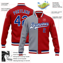 Load image into Gallery viewer, Custom Red Royal-Gray Bomber Full-Snap Varsity Letterman Split Fashion Jacket
