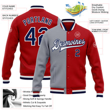 Load image into Gallery viewer, Custom Red Navy-Gray Bomber Full-Snap Varsity Letterman Split Fashion Jacket
