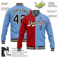 Load image into Gallery viewer, Custom Light Blue Black Red-Cream Bomber Full-Snap Varsity Letterman Split Fashion Jacket
